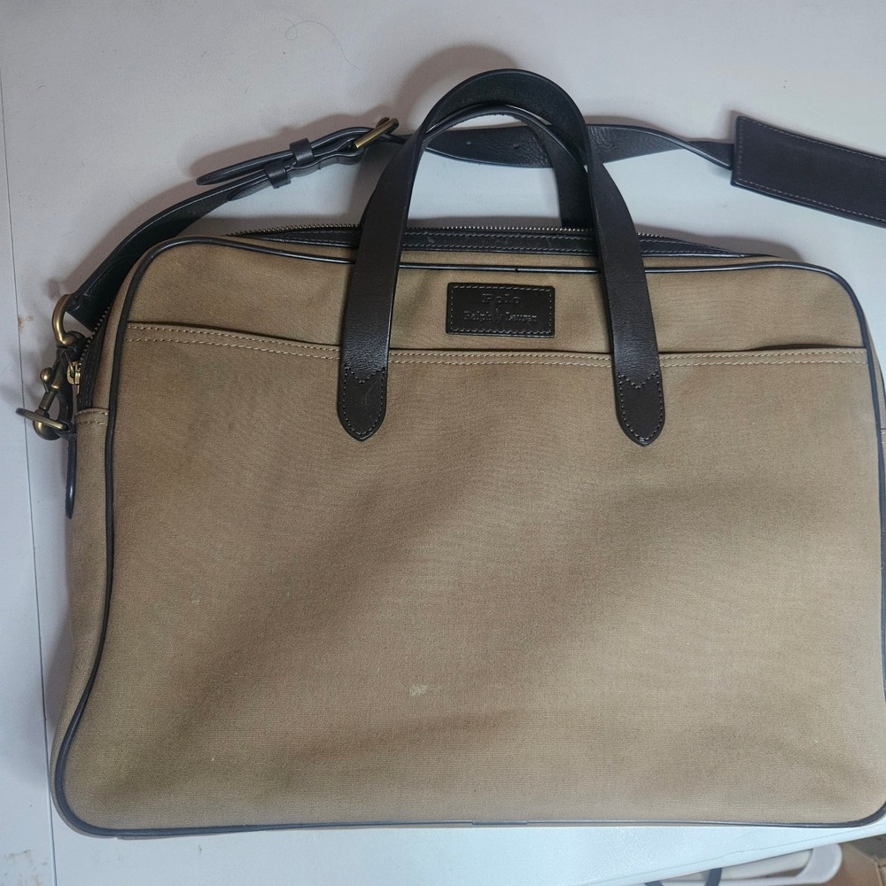Polo Ralph Lauren Tan Canvas Leather Trim Commuter Briefcase Laptop Bag Mens